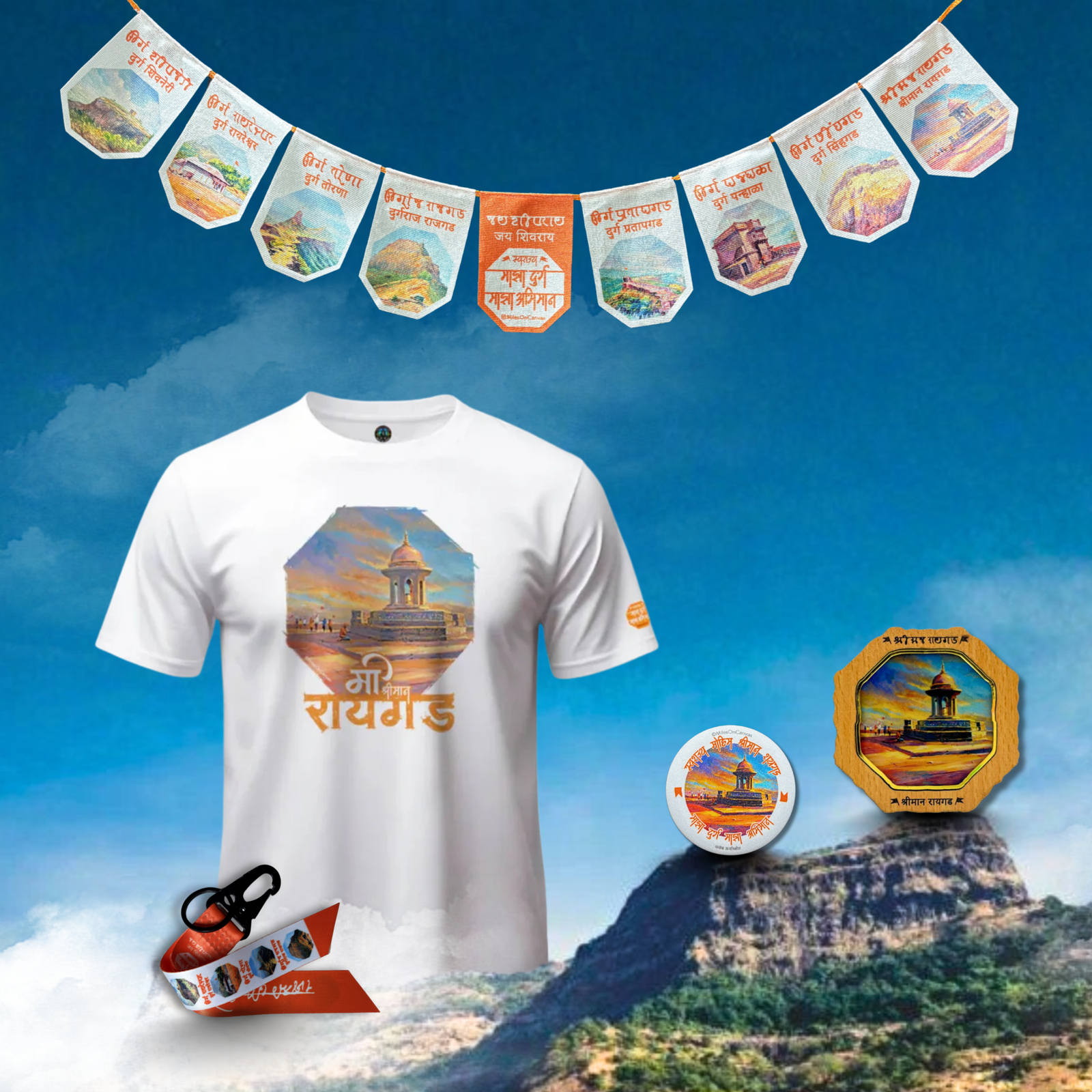 Shivrajyabhishek Special Combo | Akhand Urjastrot T-Shirt, Fridge Magnet, Pin Button Badge, Swarajya Toran & Swarajya Ashtak Keychain